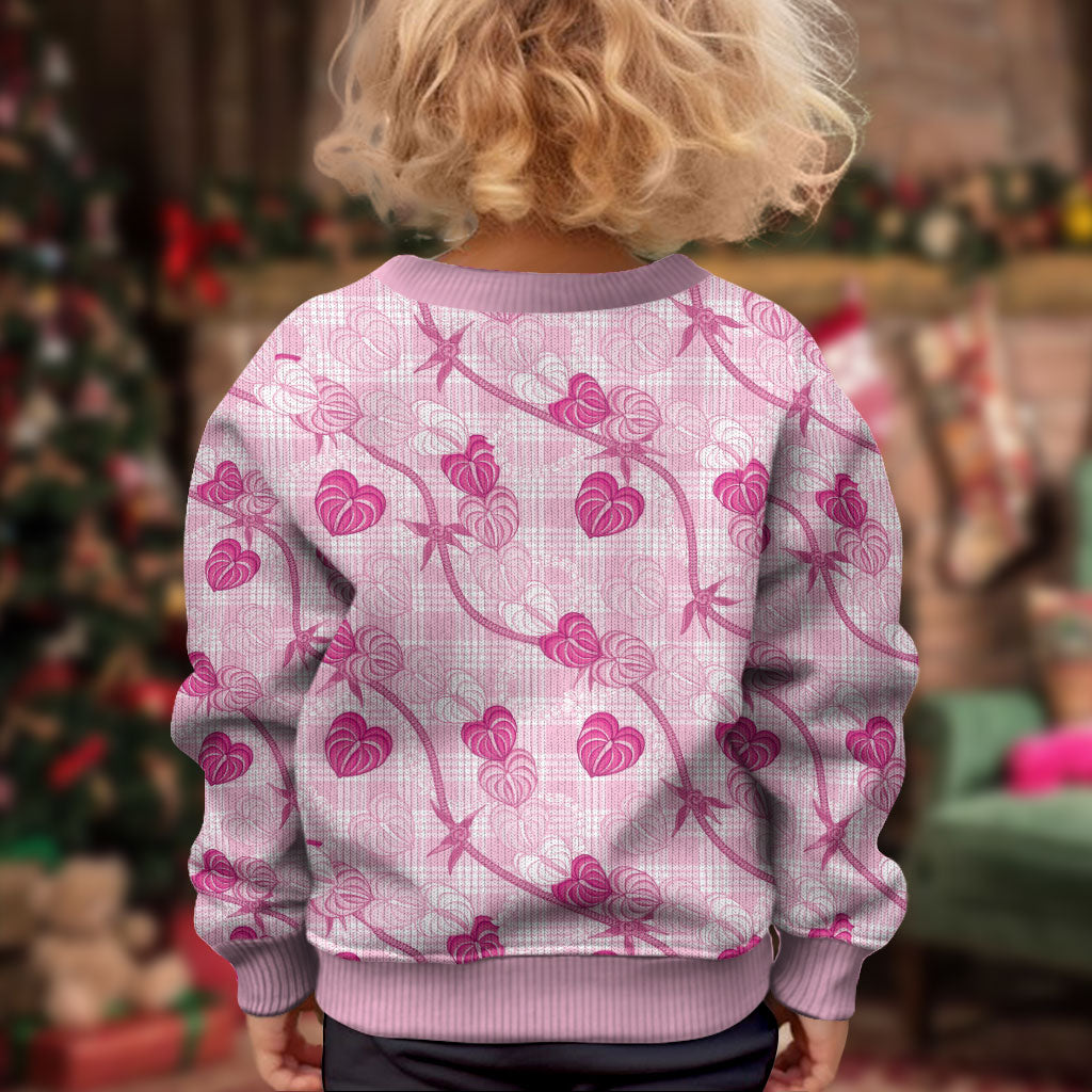 Anthurium Pikake Ti Leaf Palaka Kid Ugly Christmas Sweater Pink Version LT01 - Polynesian Pride