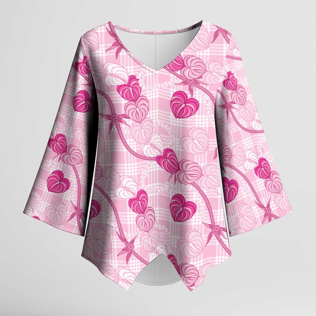 Anthurium Pikake Ti Leaf Palaka Kimono Sleeve Blouse Pink Version LT01 Female Pink - Polynesian Pride