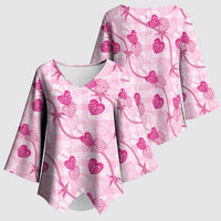 Anthurium Pikake Ti Leaf Palaka Kimono Sleeve Blouse Pink Version LT01 - Polynesian Pride