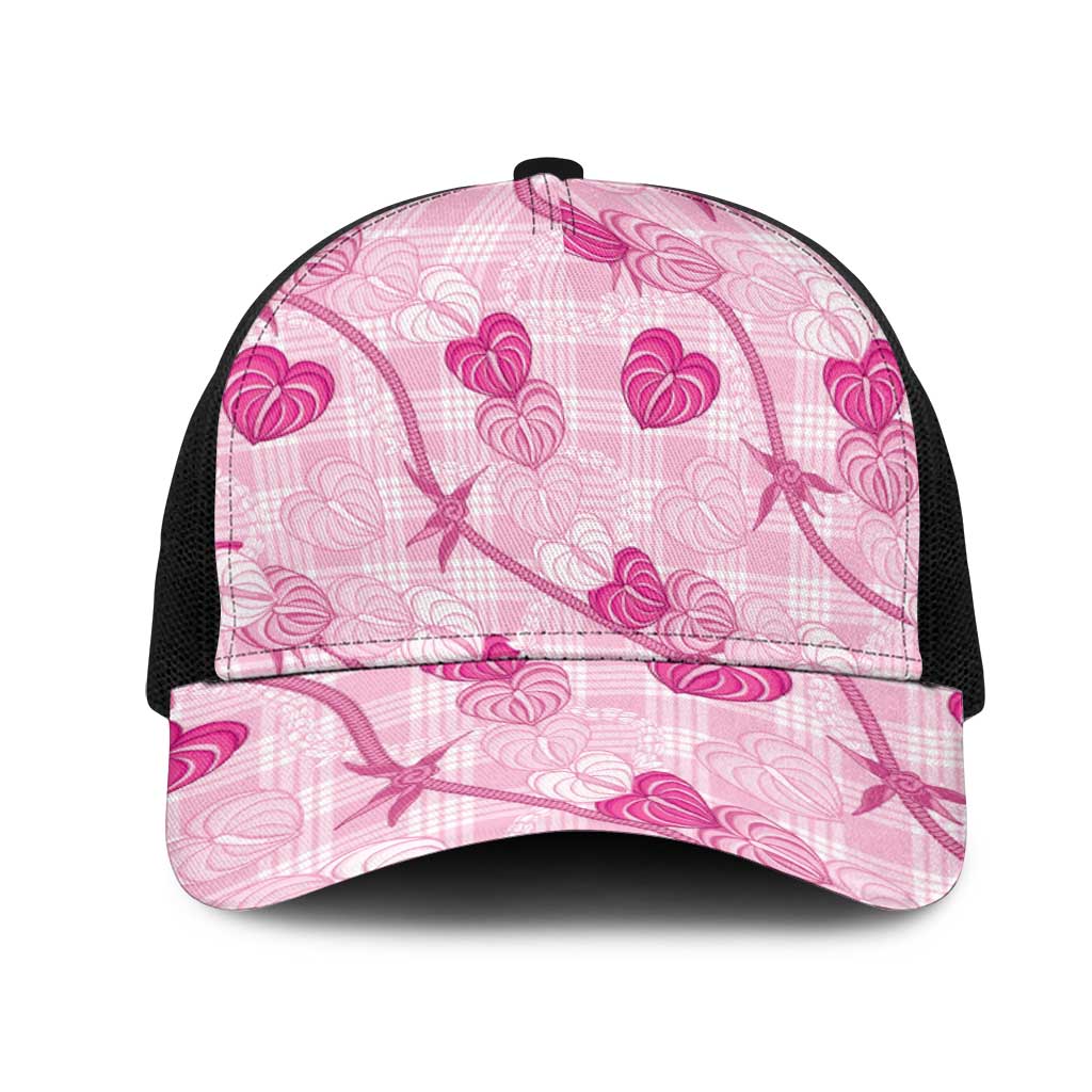 Anthurium Pikake Ti Leaf Palaka Mesh Trucker Cap Pink Version LT01 One Size Black Pink - Polynesian Pride