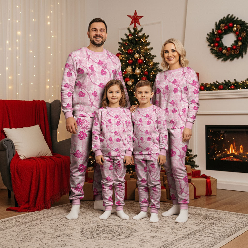 Anthurium Pikake Ti Leaf Palaka Christmas Pajama Set Pink Version LT01 - Polynesian Pride