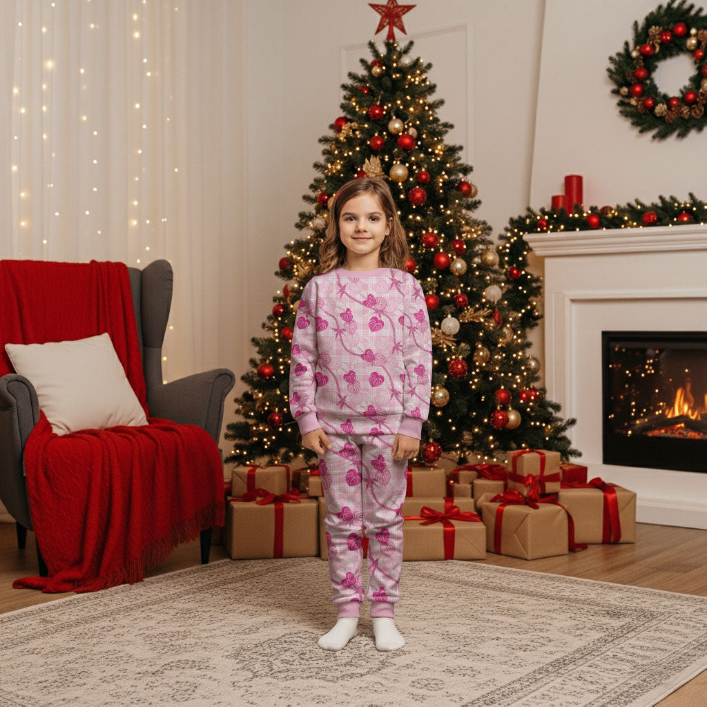 Anthurium Pikake Ti Leaf Palaka Christmas Pajama Set Pink Version LT01 Kid Pink - Polynesian Pride