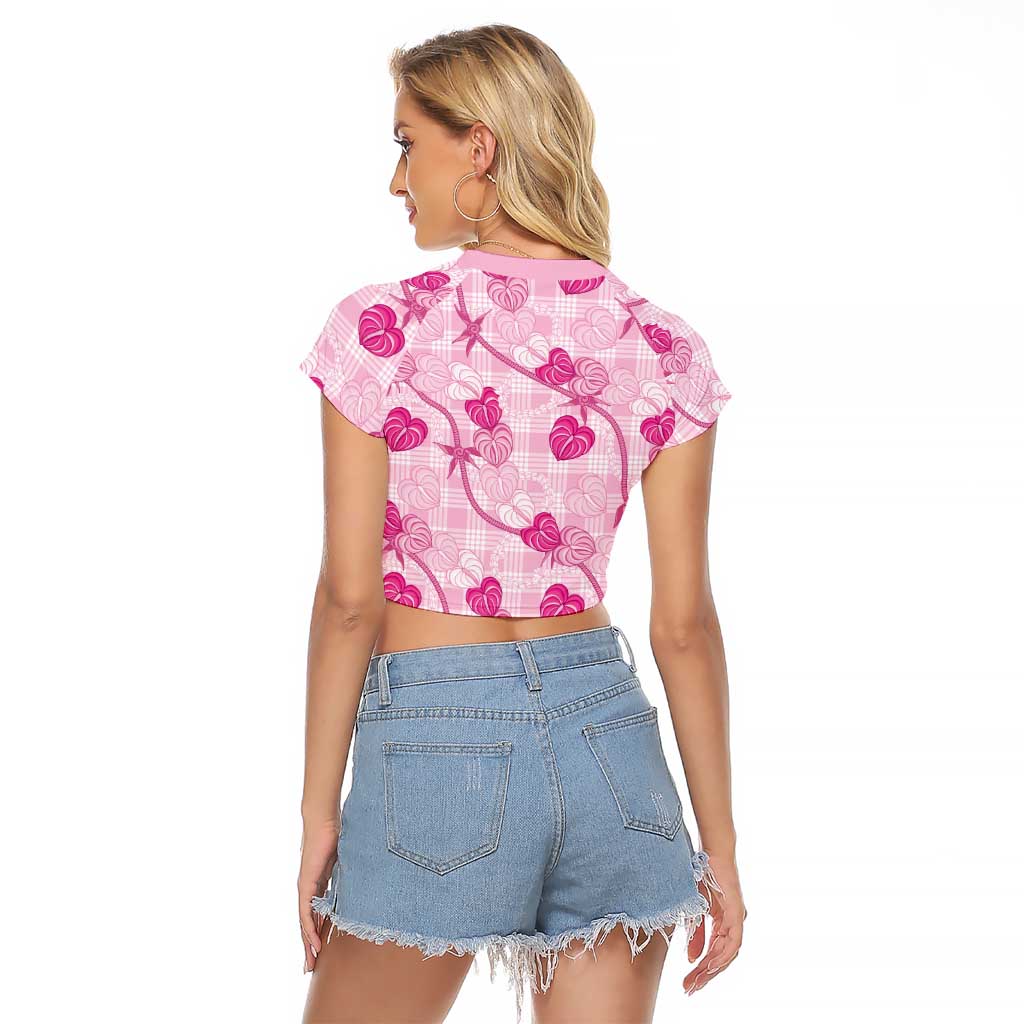 Anthurium Pikake Ti Leaf Palaka Raglan Cropped T Shirt Pink Version LT01 - Polynesian Pride