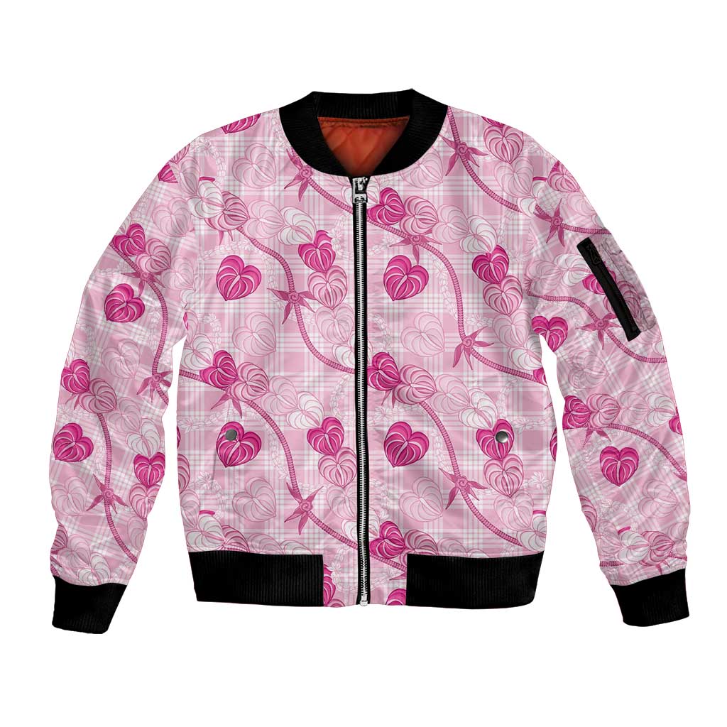 Anthurium Pikake Ti Leaf Palaka Sleeve Zip Bomber Jacket Pink Version LT01 Unisex Pink - Polynesian Pride