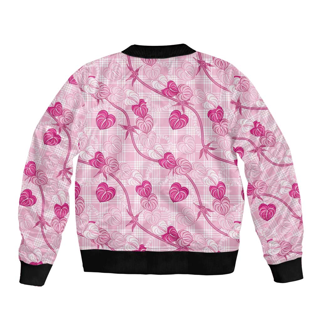 Anthurium Pikake Ti Leaf Palaka Sleeve Zip Bomber Jacket Pink Version LT01 - Polynesian Pride