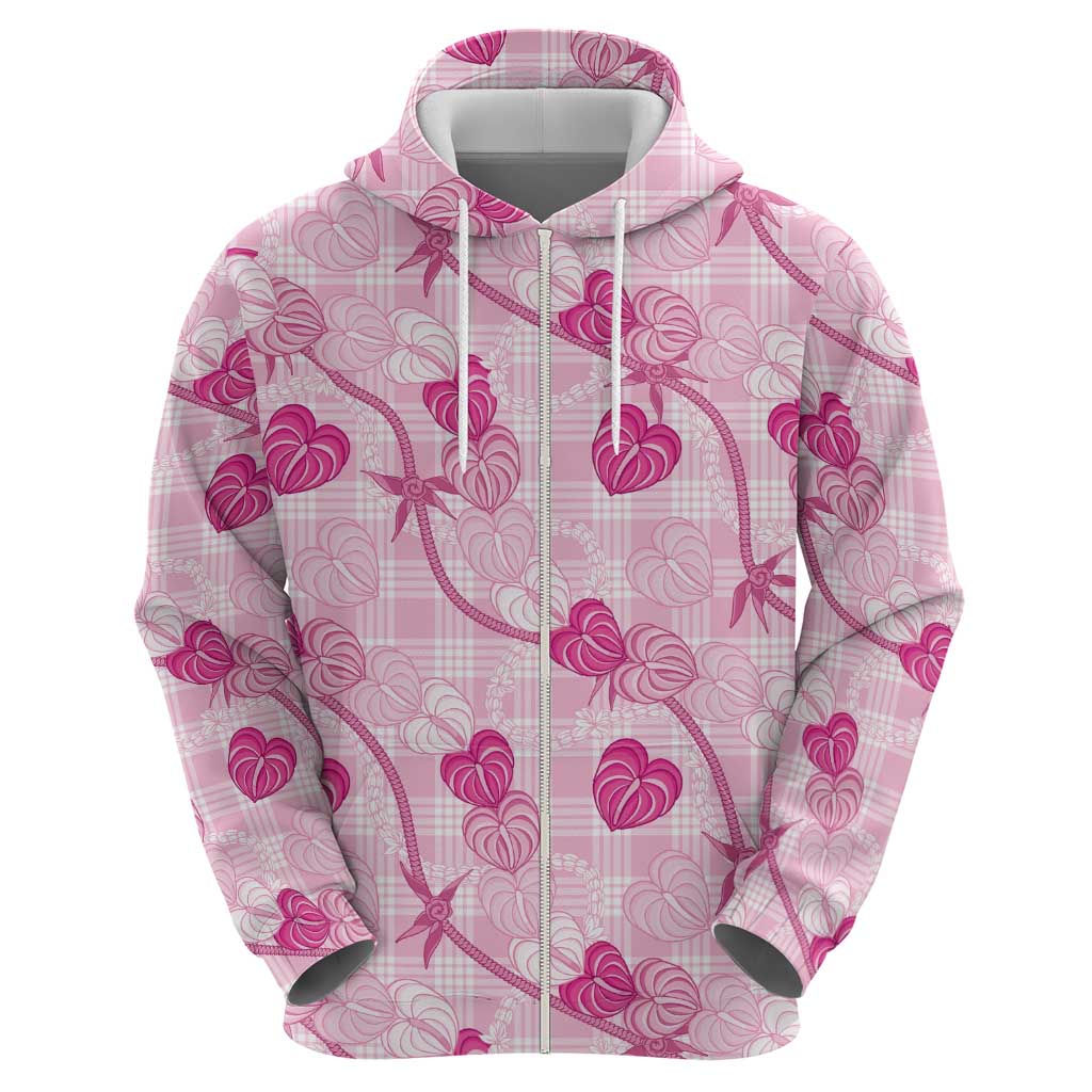 Anthurium Pikake Ti Leaf Palaka Zip Hoodie Pink Version LT01 - Polynesian Pride