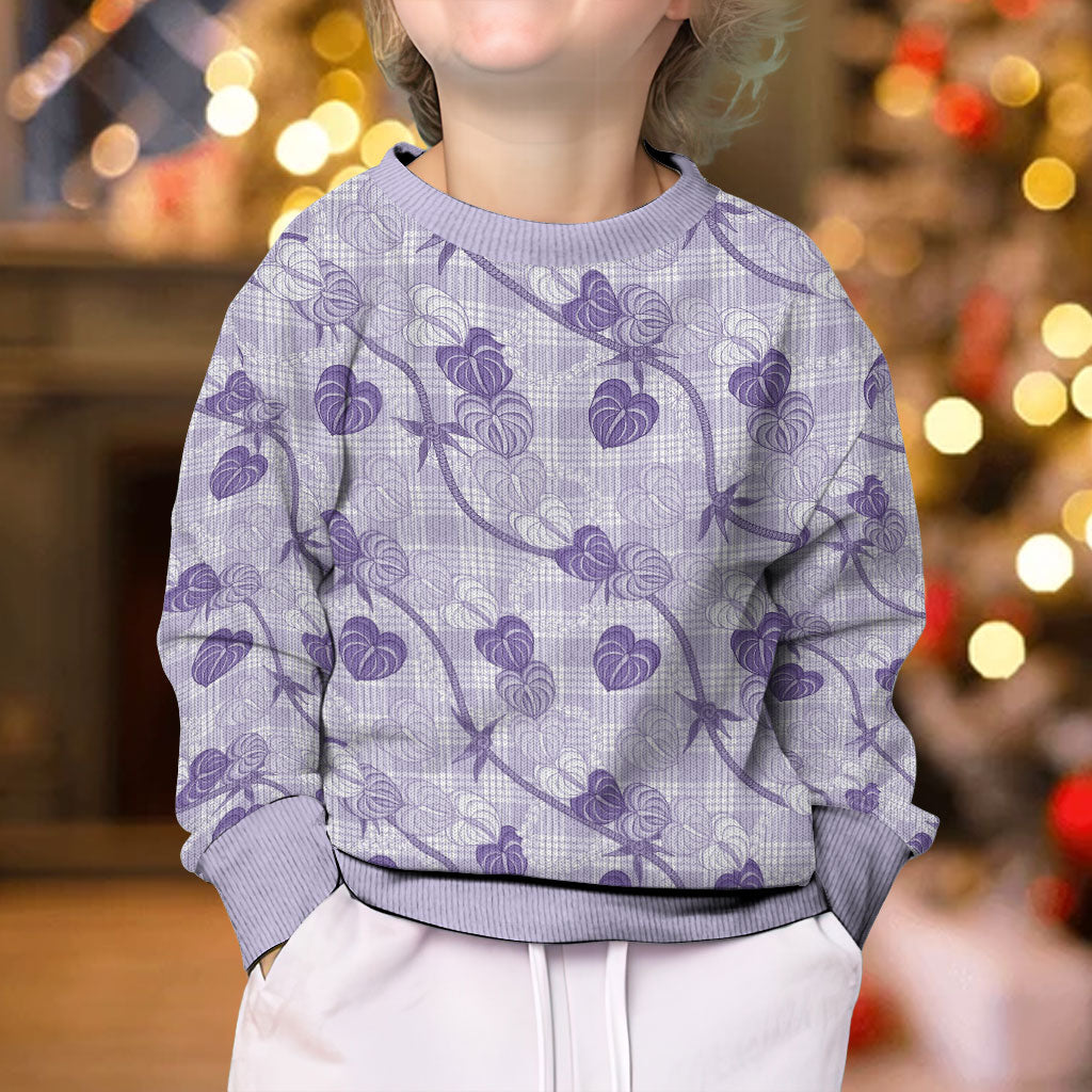 Anthurium Pikake Ti Leaf Palaka Kid Ugly Christmas Sweater Purple Version LT01 - Polynesian Pride