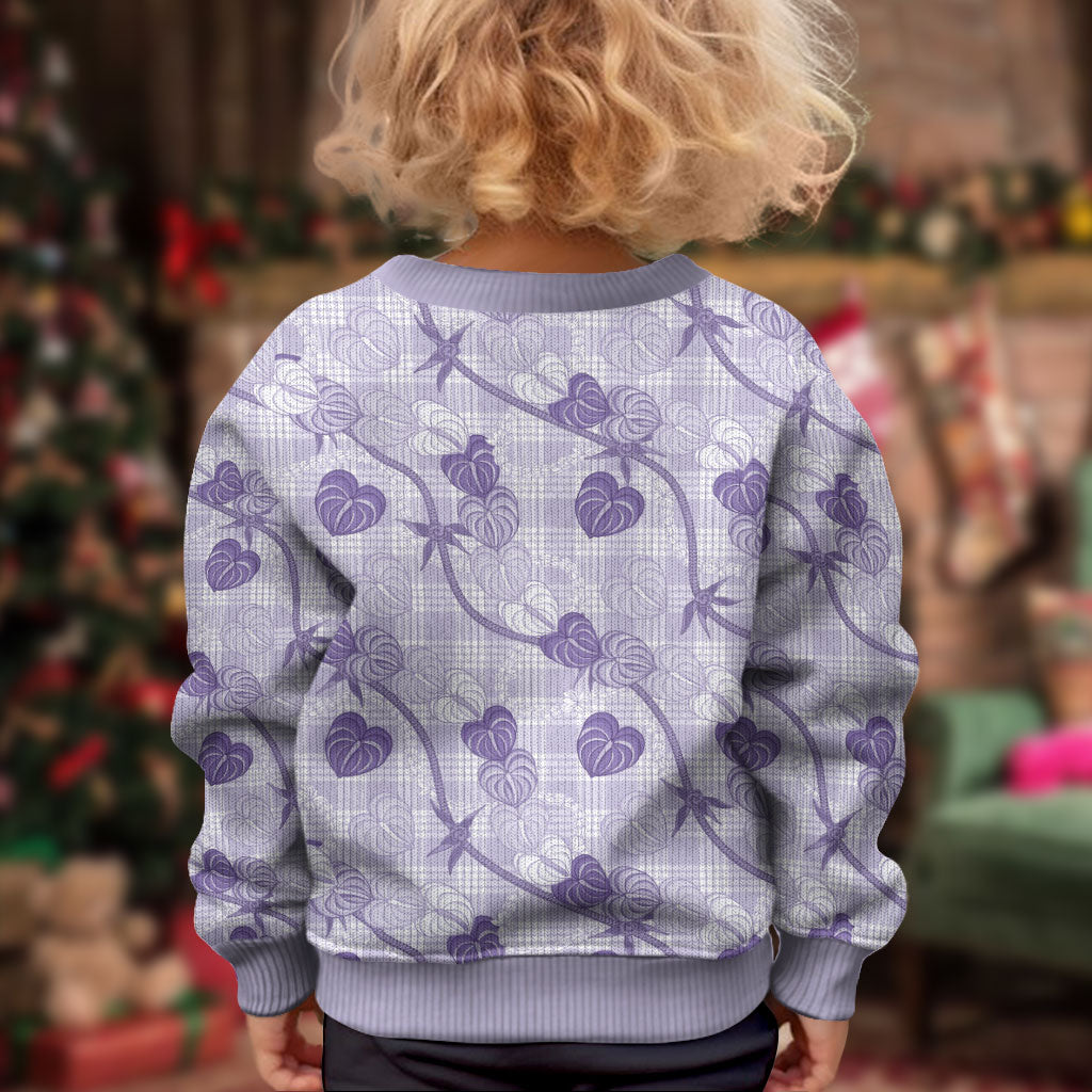 Anthurium Pikake Ti Leaf Palaka Kid Ugly Christmas Sweater Purple Version LT01 - Polynesian Pride