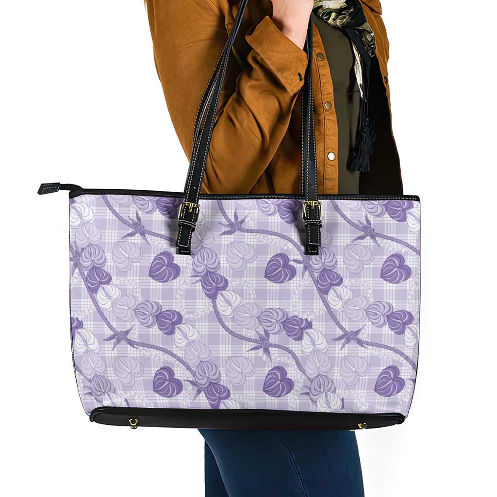 Anthurium Pikake Ti Leaf Palaka Leather Tote Bag Purple Version LT01 - Polynesian Pride