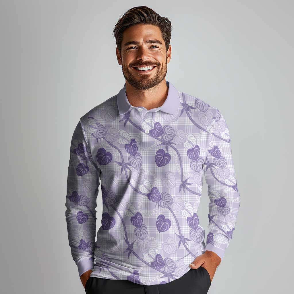 Anthurium Pikake Ti Leaf Palaka Long Sleeve Polo Shirt Purple Version LT01 - Polynesian Pride