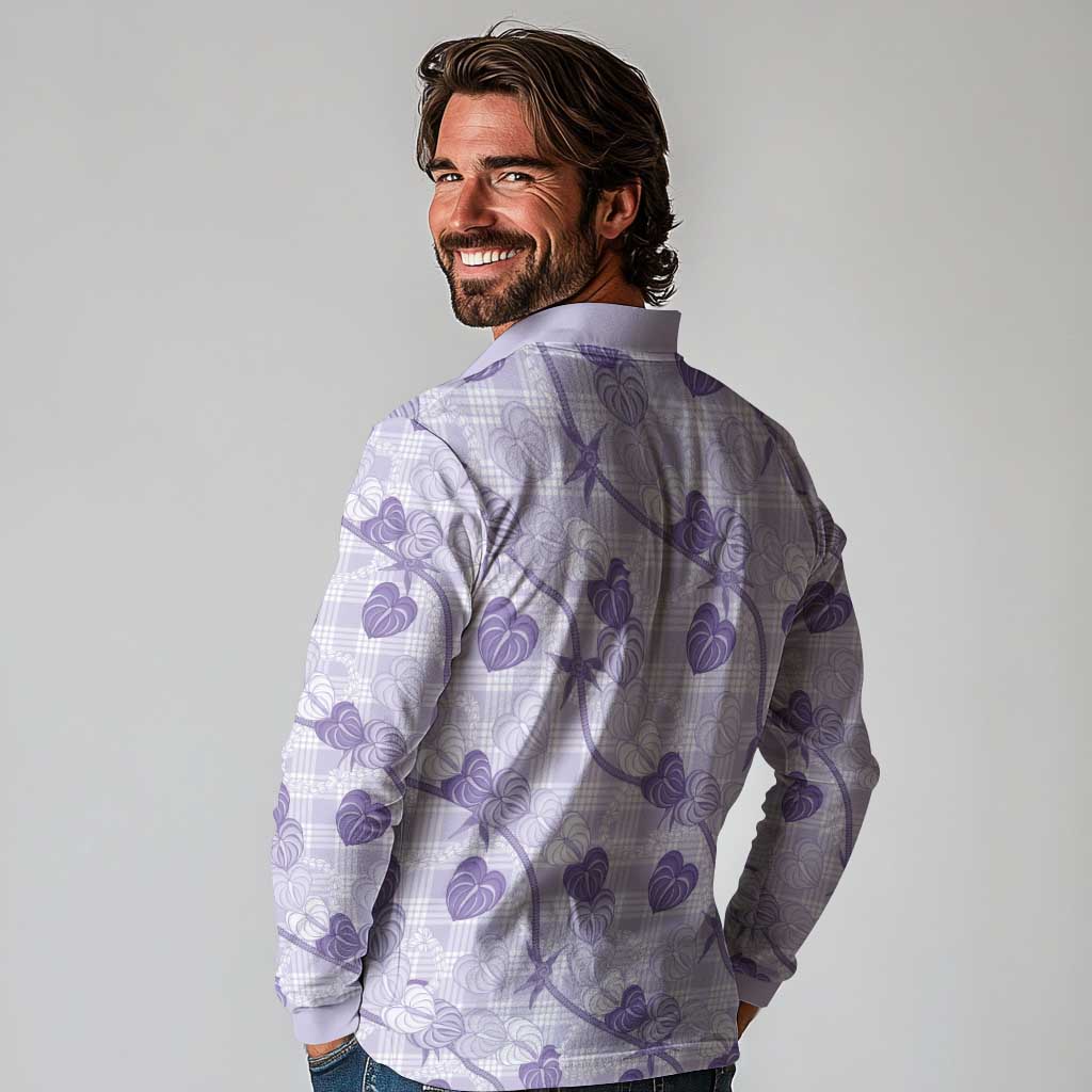 Anthurium Pikake Ti Leaf Palaka Long Sleeve Polo Shirt Purple Version LT01 - Polynesian Pride