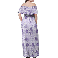 Anthurium Pikake Ti Leaf Palaka Off Shoulder Maxi Dress Purple Version LT01 - Polynesian Pride