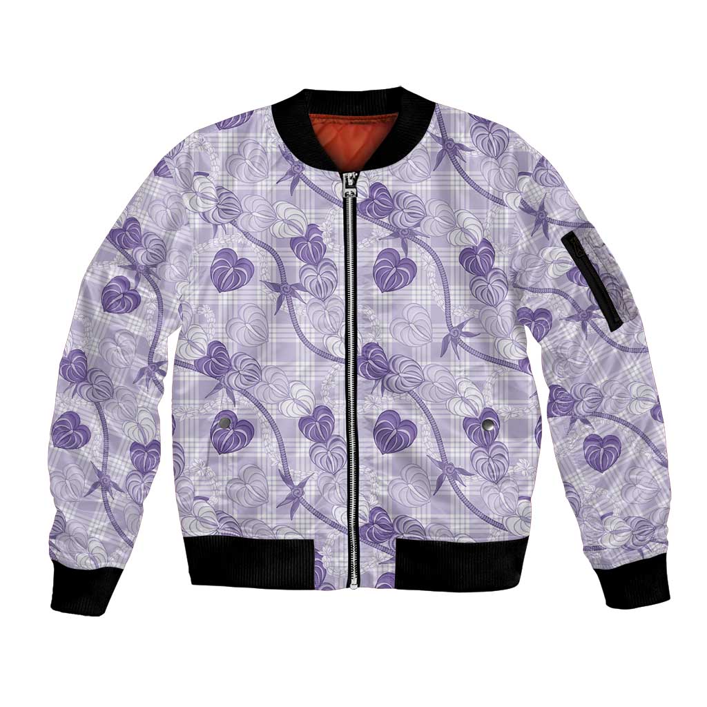Anthurium Pikake Ti Leaf Palaka Sleeve Zip Bomber Jacket Purple Version LT01 Unisex Purple - Polynesian Pride