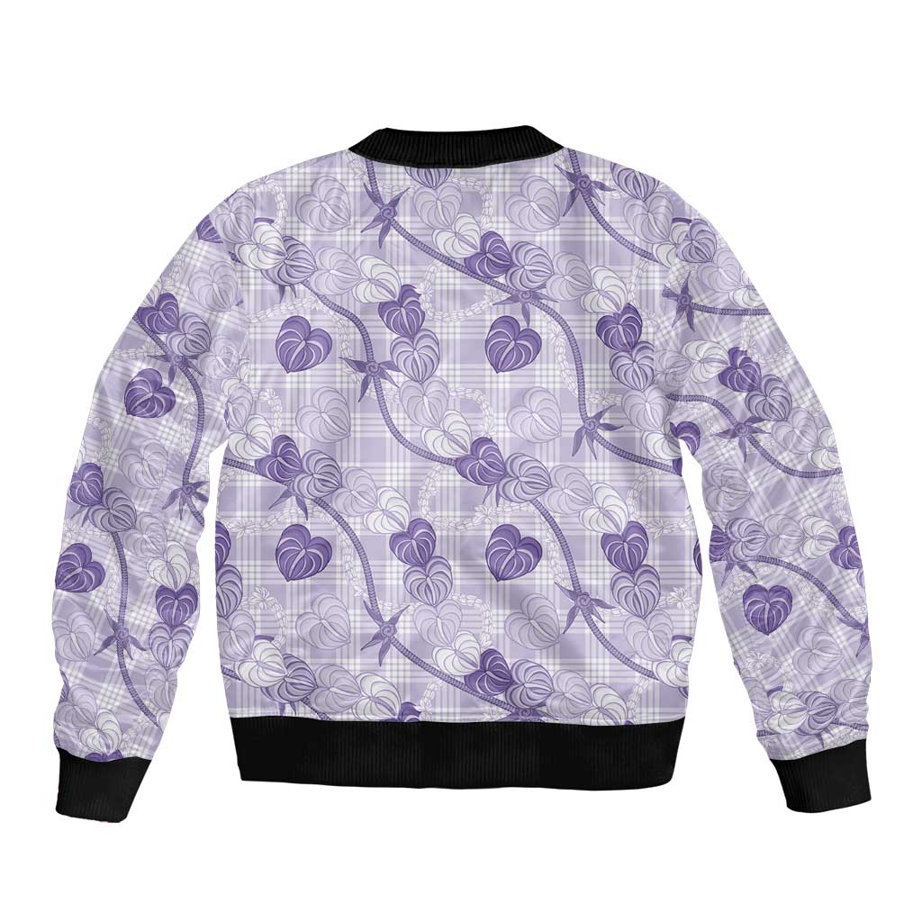 Anthurium Pikake Ti Leaf Palaka Sleeve Zip Bomber Jacket Purple Version LT01 - Polynesian Pride