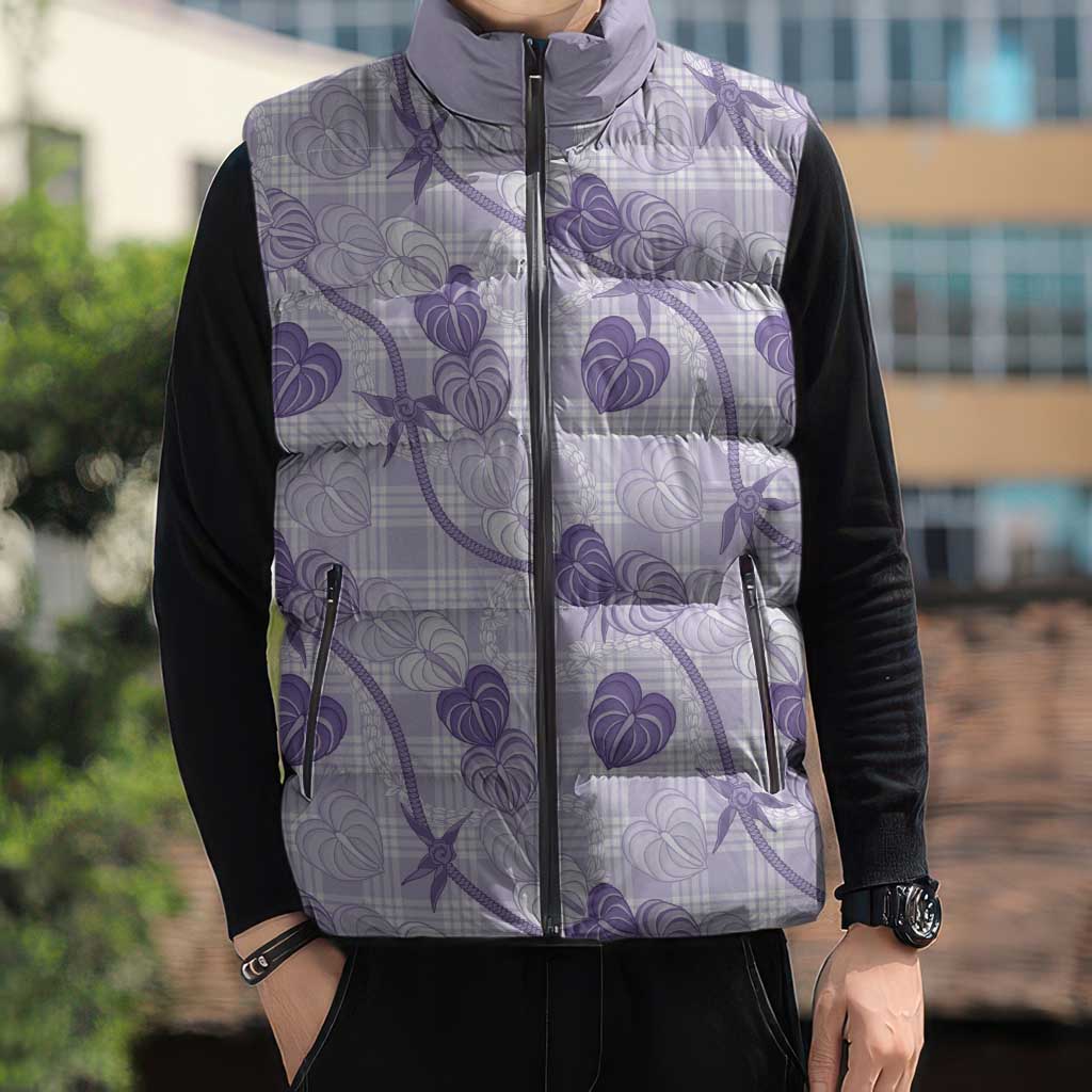 Anthurium Pikake Ti Leaf Palaka Sleeveless Puffer Jacket Purple Version LT01 - Polynesian Pride