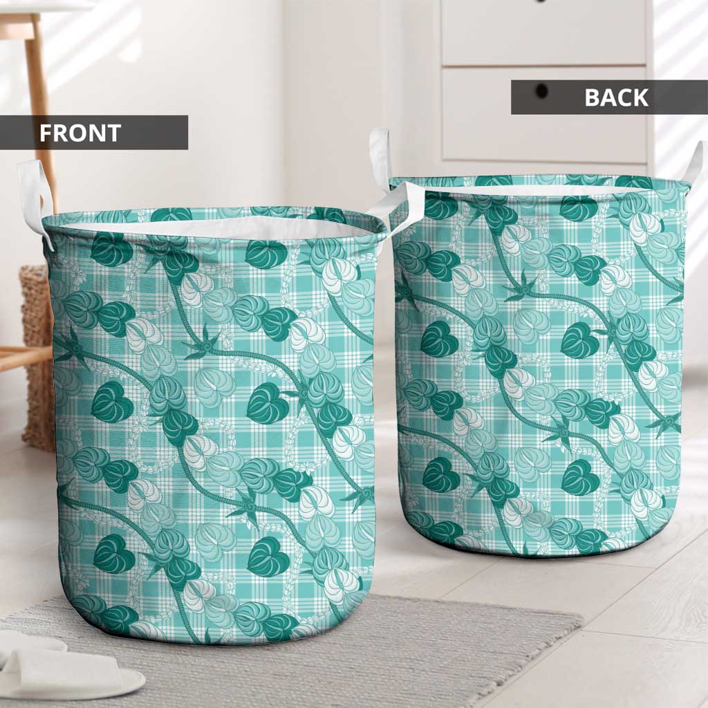 Anthurium Pikake Ti Leaf Palaka Laundry Basket Turquoise Version LT01 - Polynesian Pride