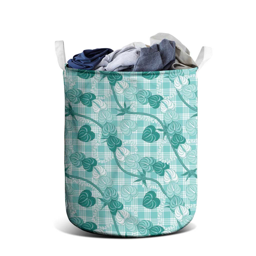 Anthurium Pikake Ti Leaf Palaka Laundry Basket Turquoise Version LT01 - Polynesian Pride