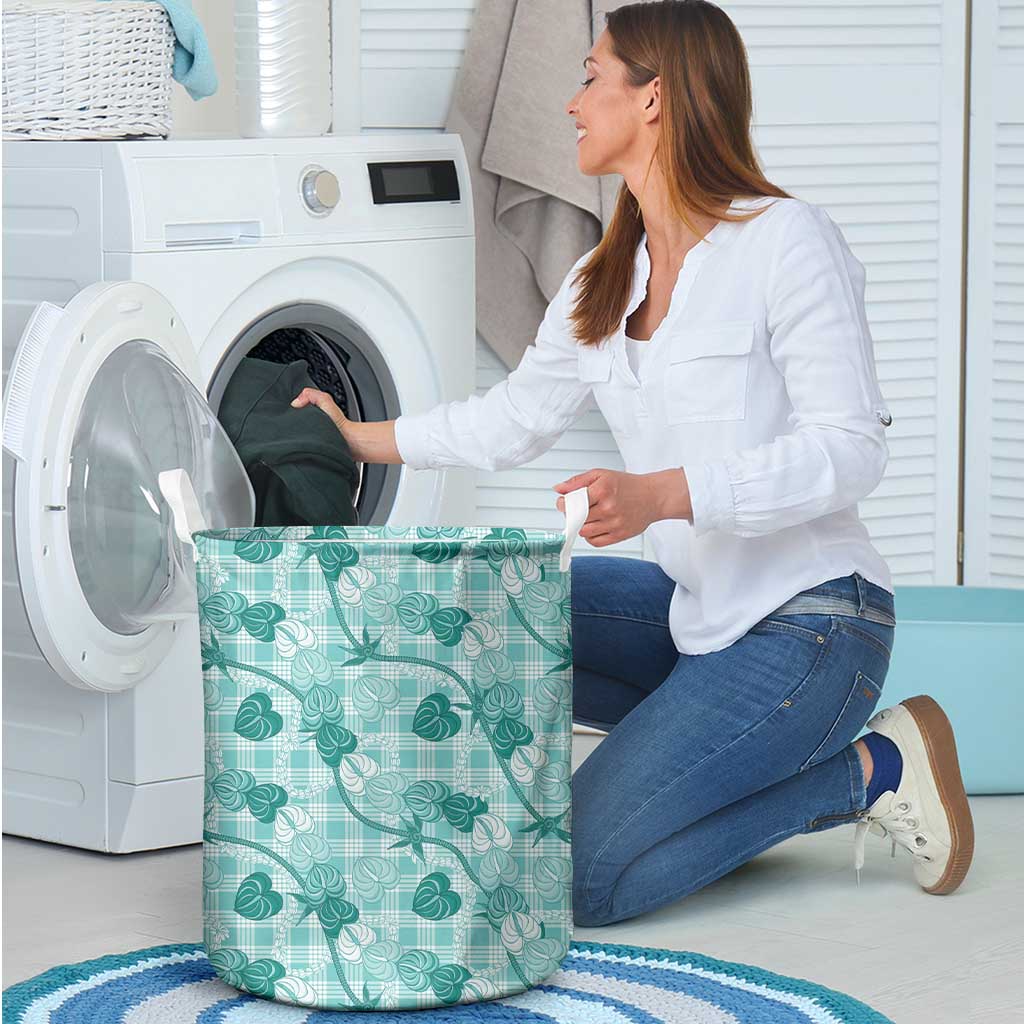 Anthurium Pikake Ti Leaf Palaka Laundry Basket Turquoise Version LT01 - Polynesian Pride