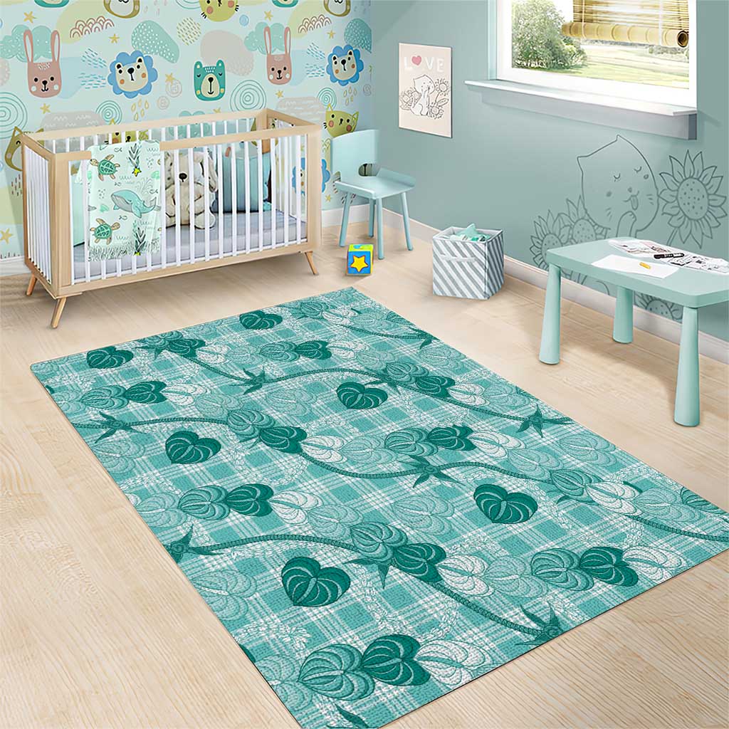 Anthurium Pikake Ti Leaf Palaka Area Rug Turquoise Version LT01 - Polynesian Pride