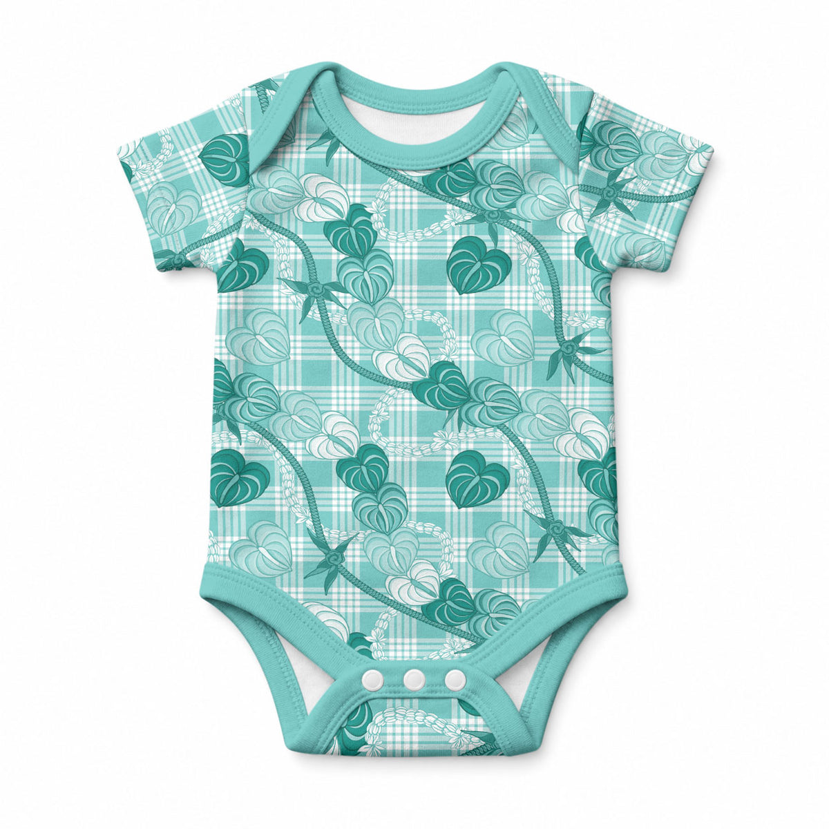Anthurium Pikake Ti Leaf Palaka Baby Onesie Turquoise Version LT01 Turquoise - Polynesian Pride