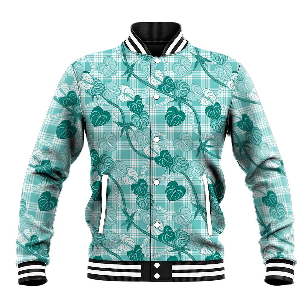 Anthurium Pikake Ti Leaf Palaka Baseball Jacket Turquoise Version LT01 Unisex Turquoise - Polynesian Pride