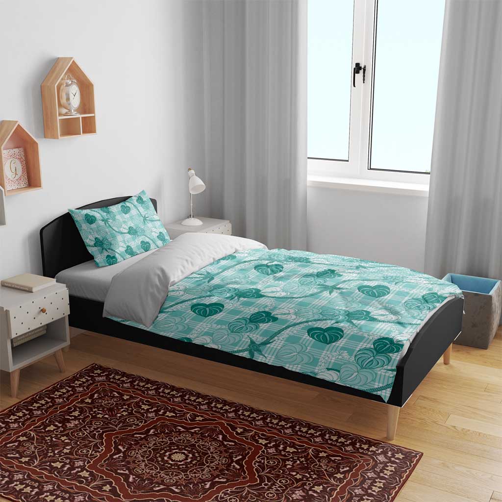 Anthurium Pikake Ti Leaf Palaka Bedding Set Turquoise Version LT01 - Polynesian Pride