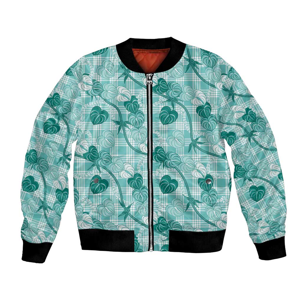 Anthurium Pikake Ti Leaf Palaka Bomber Jacket Turquoise Version LT01 Unisex Turquoise - Polynesian Pride