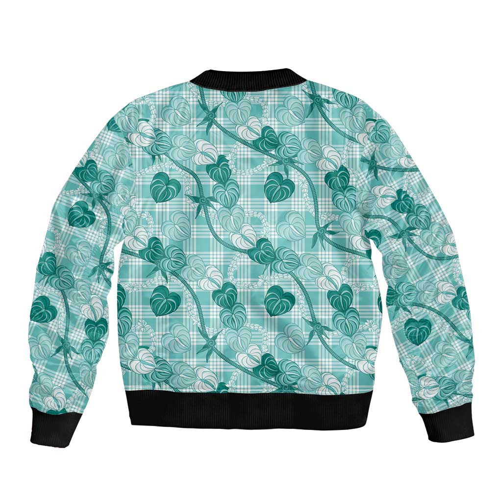 Anthurium Pikake Ti Leaf Palaka Bomber Jacket Turquoise Version LT01 - Polynesian Pride