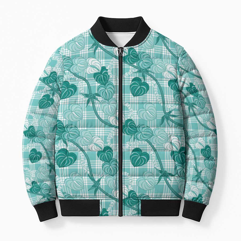 Anthurium Pikake Ti Leaf Palaka Bomber Puffer Jacket Turquoise Version LT01 Unisex Turquoise - Polynesian Pride