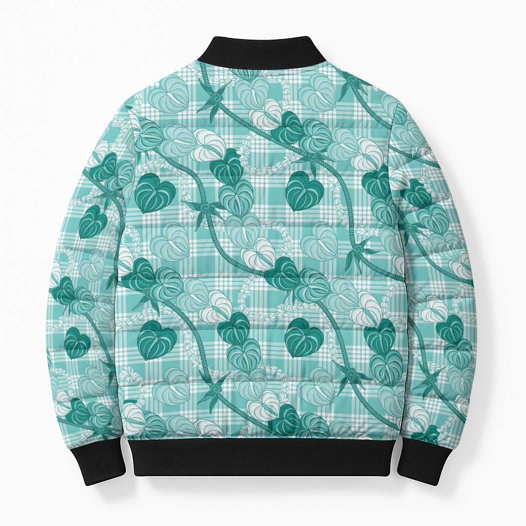 Anthurium Pikake Ti Leaf Palaka Bomber Puffer Jacket Turquoise Version LT01 - Polynesian Pride