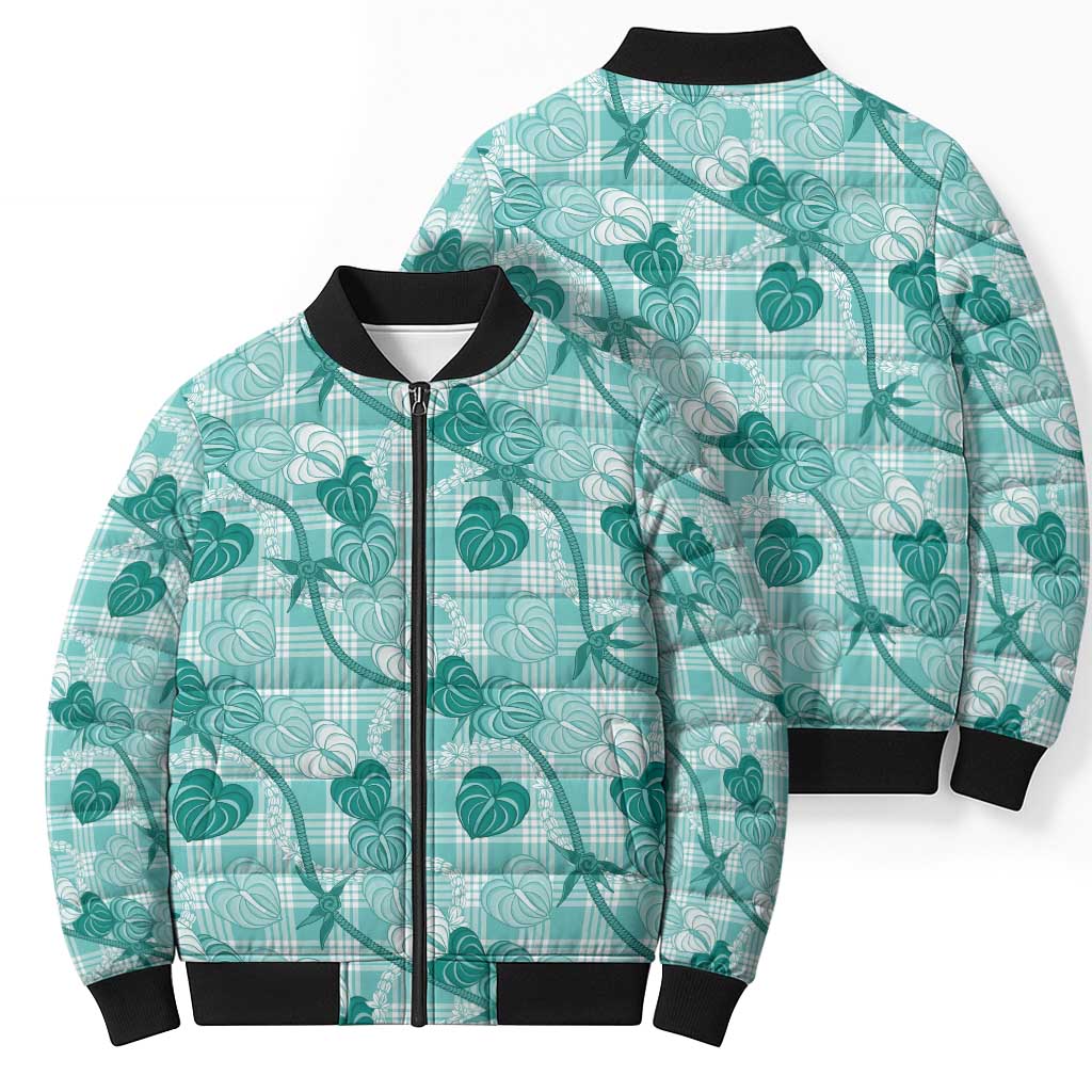 Anthurium Pikake Ti Leaf Palaka Bomber Puffer Jacket Turquoise Version LT01 - Polynesian Pride