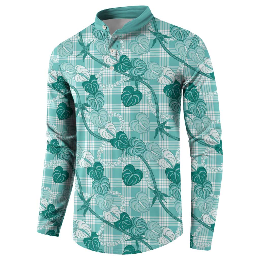 Anthurium Pikake Ti Leaf Palaka Button Sweatshirt Turquoise Version LT01 - Polynesian Pride