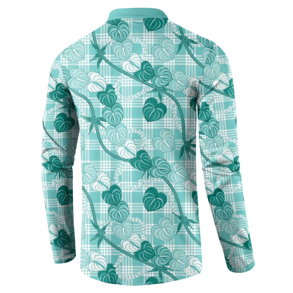 Anthurium Pikake Ti Leaf Palaka Button Sweatshirt Turquoise Version LT01 - Polynesian Pride