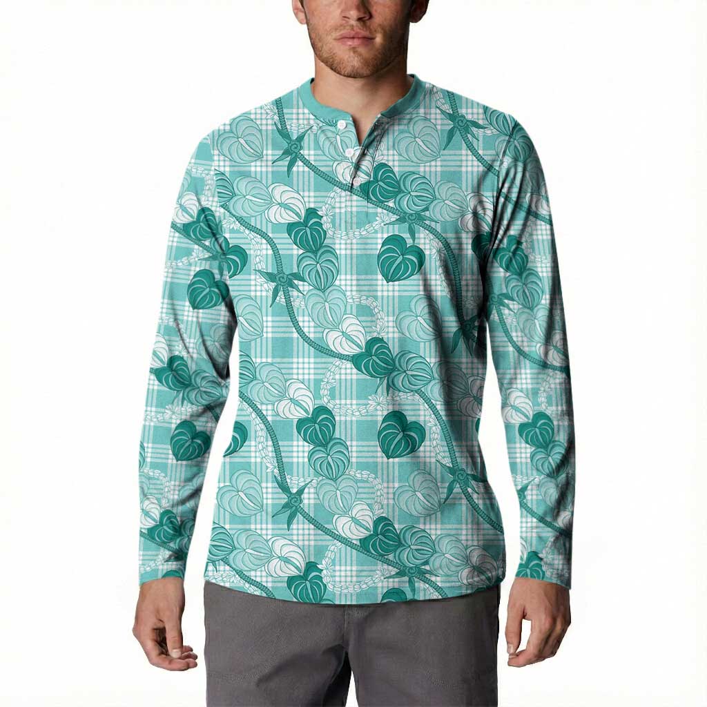 Anthurium Pikake Ti Leaf Palaka Button Sweatshirt Turquoise Version LT01 - Polynesian Pride