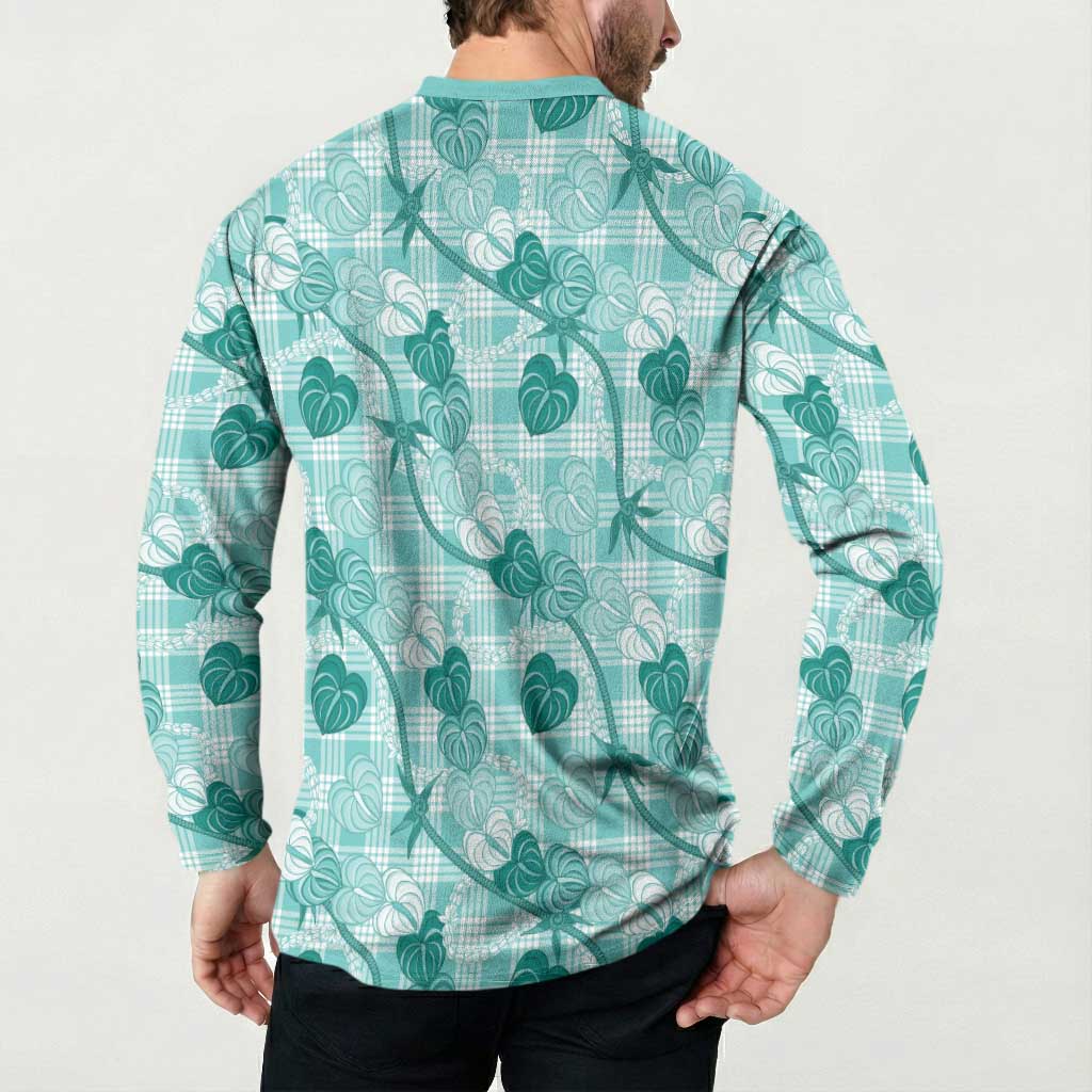 Anthurium Pikake Ti Leaf Palaka Button Sweatshirt Turquoise Version LT01 - Polynesian Pride