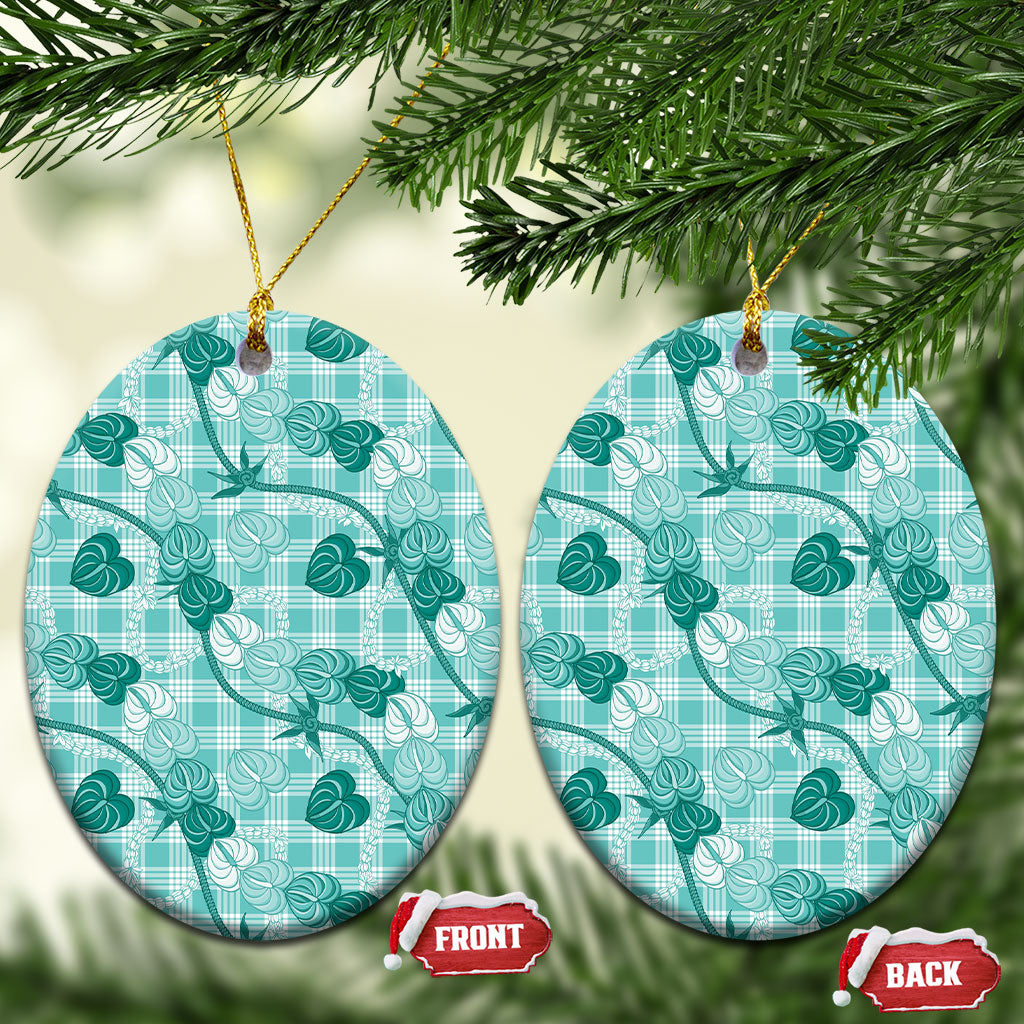 Anthurium Pikake Ti Leaf Palaka Ceramic Ornament Turquoise Version LT01 Oval Turquoise - Polynesian Pride