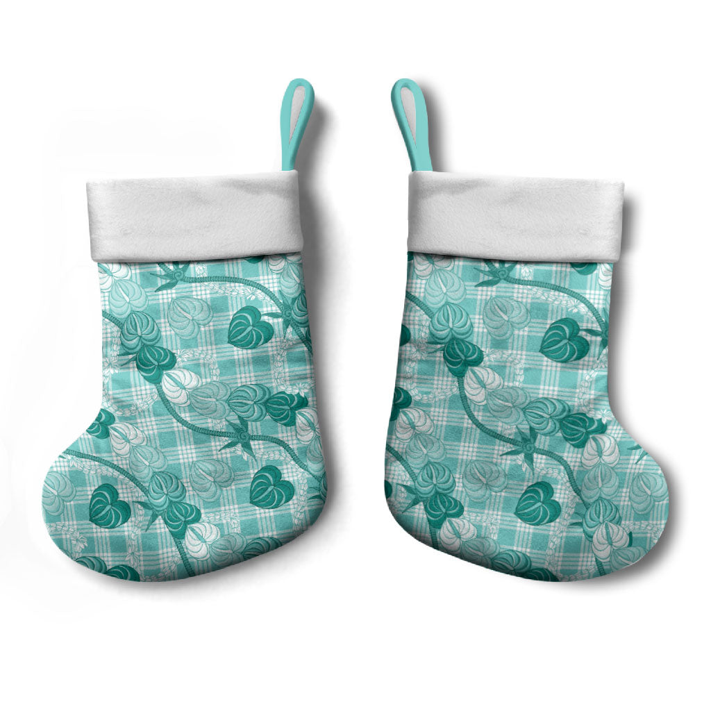 Anthurium Pikake Ti Leaf Palaka Christmas Stocking Turquoise Version LT01 - Polynesian Pride