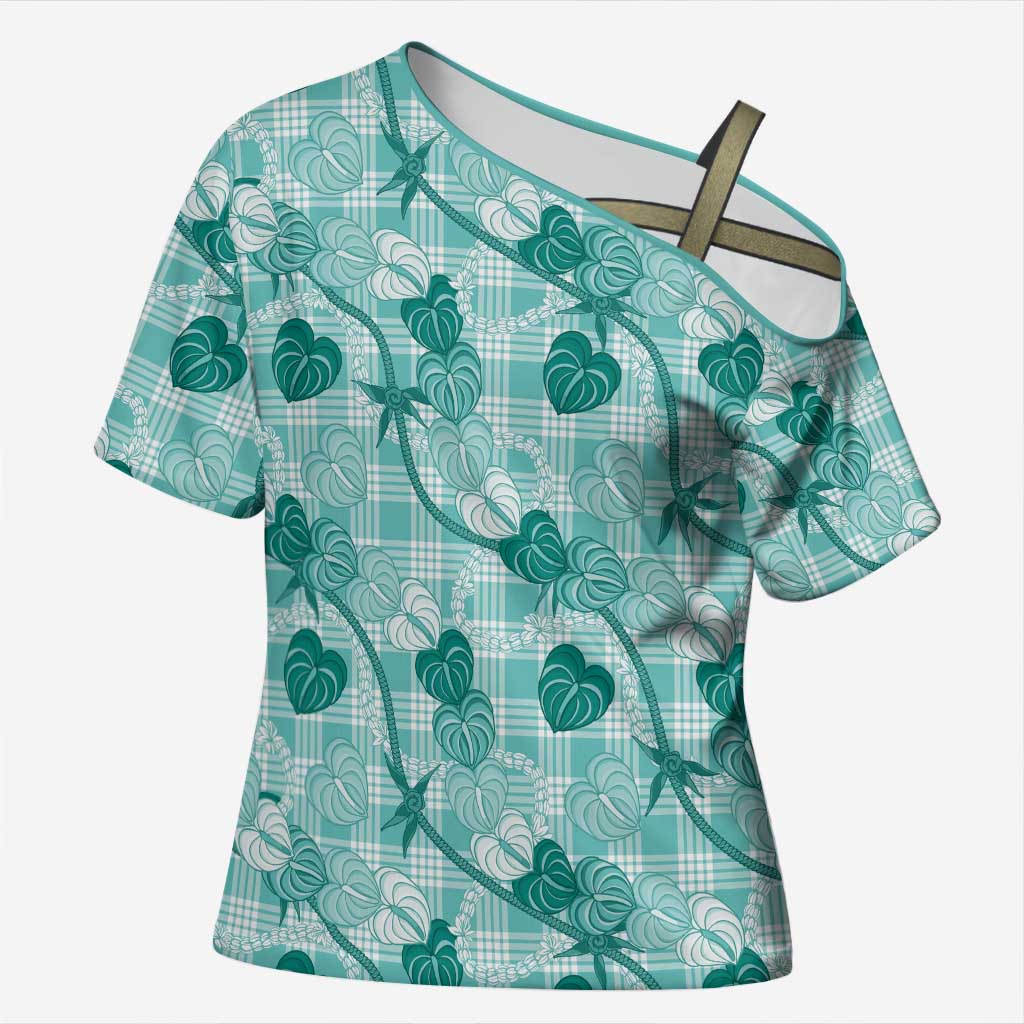 Anthurium Pikake Ti Leaf Palaka Cross Shoulder Shirt Turquoise Version LT01 Female Turquoise - Polynesian Pride