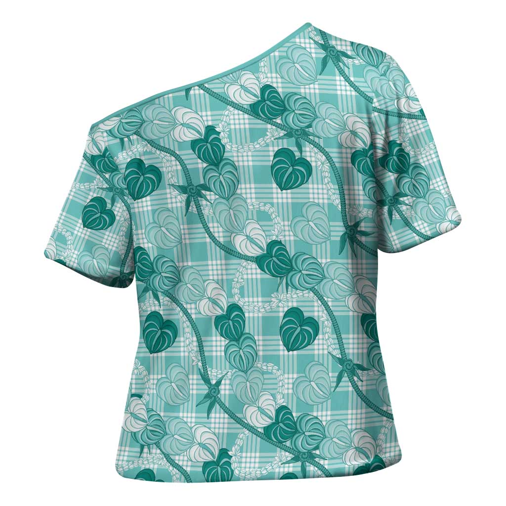 Anthurium Pikake Ti Leaf Palaka Cross Shoulder Shirt Turquoise Version LT01 - Polynesian Pride