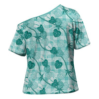 Anthurium Pikake Ti Leaf Palaka Cross Shoulder Shirt Turquoise Version LT01 - Polynesian Pride