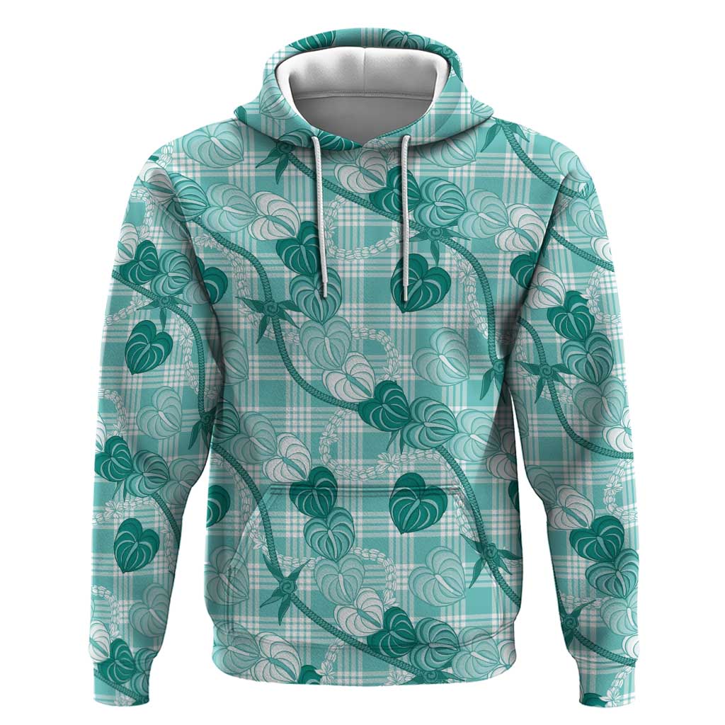 Anthurium Pikake Ti Leaf Palaka Hoodie Turquoise Version LT01 Pullover Hoodie Turquoise - Polynesian Pride