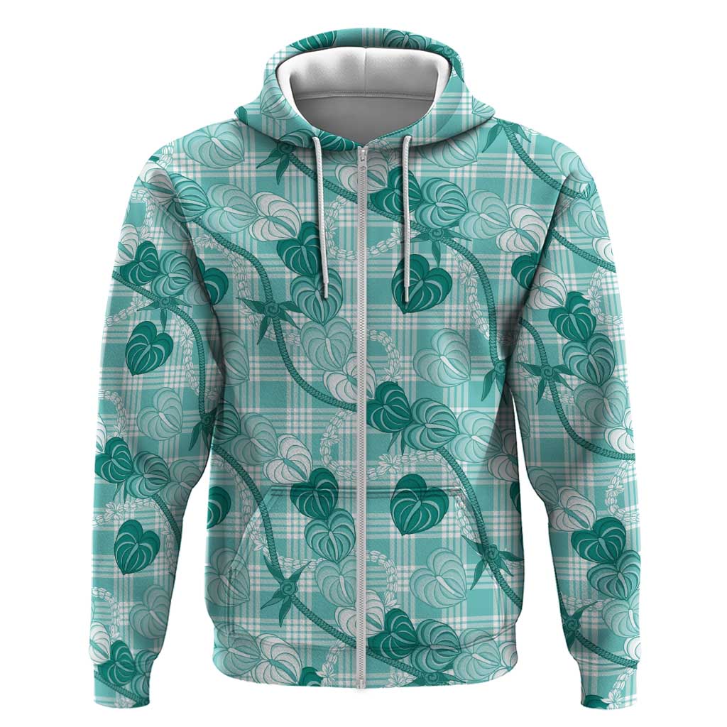 Anthurium Pikake Ti Leaf Palaka Hoodie Turquoise Version LT01 Zip Hoodie Turquoise - Polynesian Pride