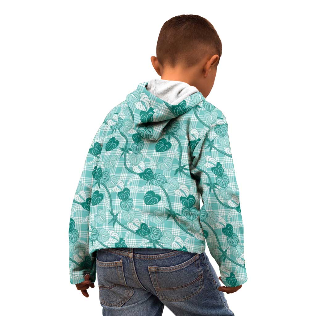 Anthurium Pikake Ti Leaf Palaka Kid Hoodie Turquoise Version LT01 - Polynesian Pride