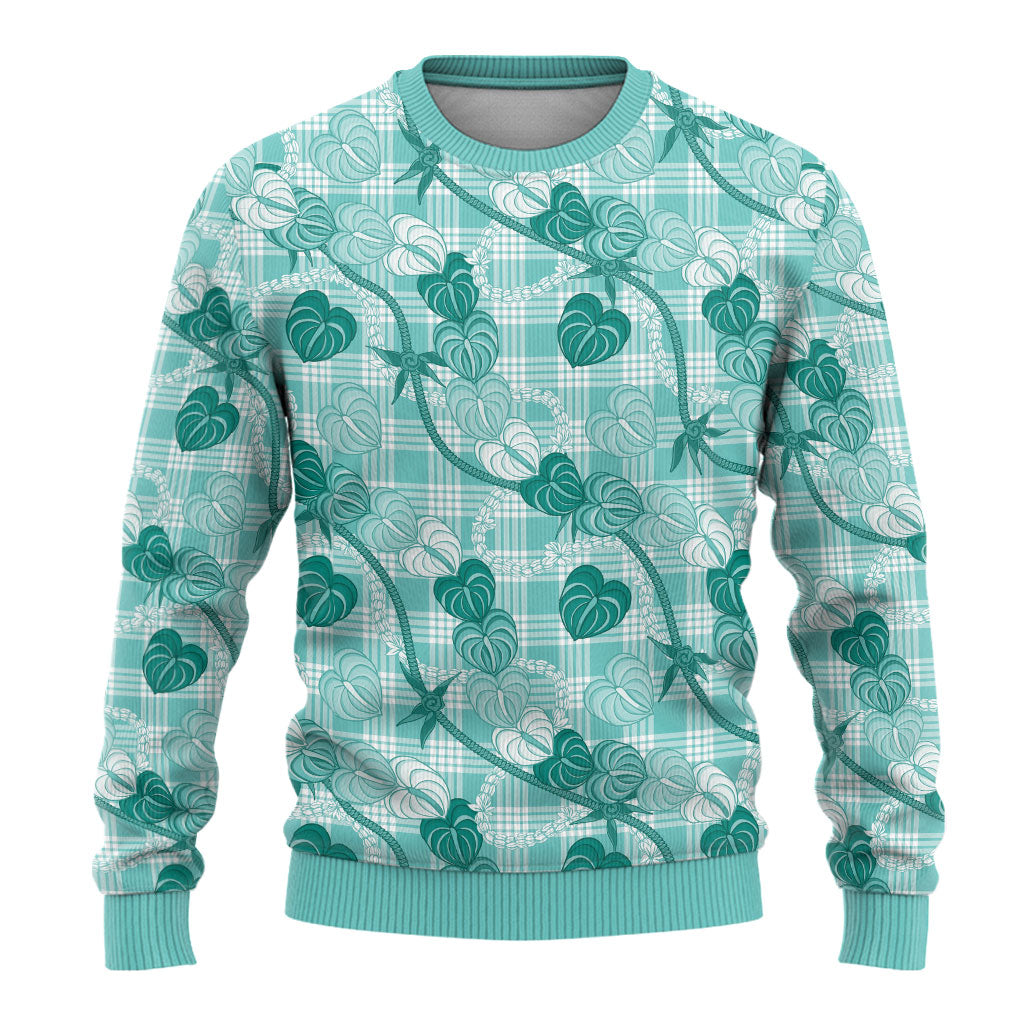 Anthurium Pikake Ti Leaf Palaka Ugly Christmas Sweater Turquoise Version LT01 - Polynesian Pride