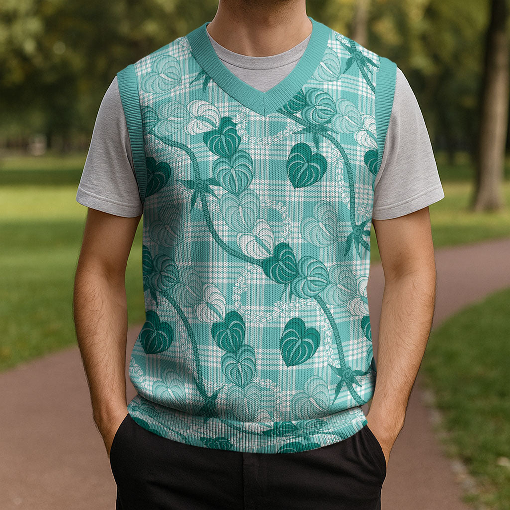 Anthurium Pikake Ti Leaf Palaka Christmas Knitted V-Neck Vest Turquoise Version LT01 - Polynesian Pride