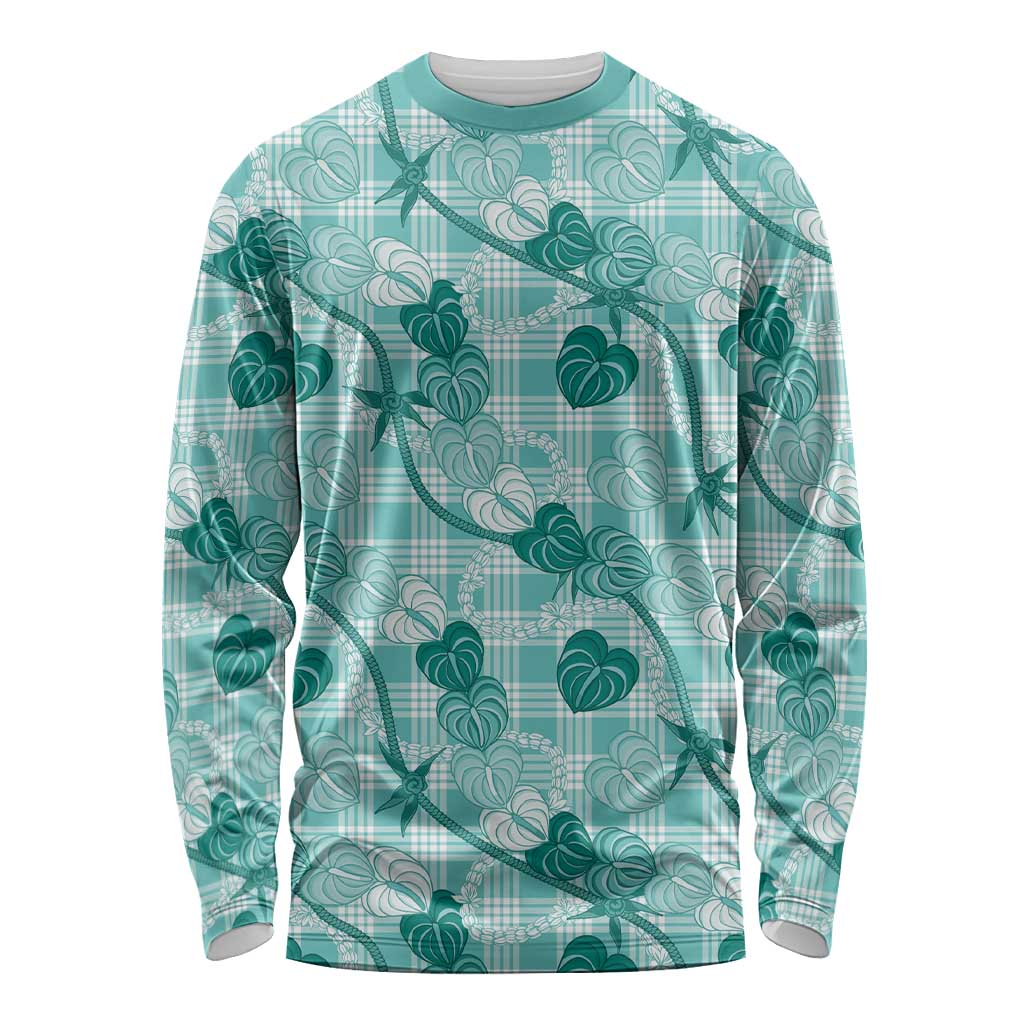 Anthurium Pikake Ti Leaf Palaka Long Sleeve Shirt Turquoise Version LT01 Unisex Turquoise - Polynesian Pride
