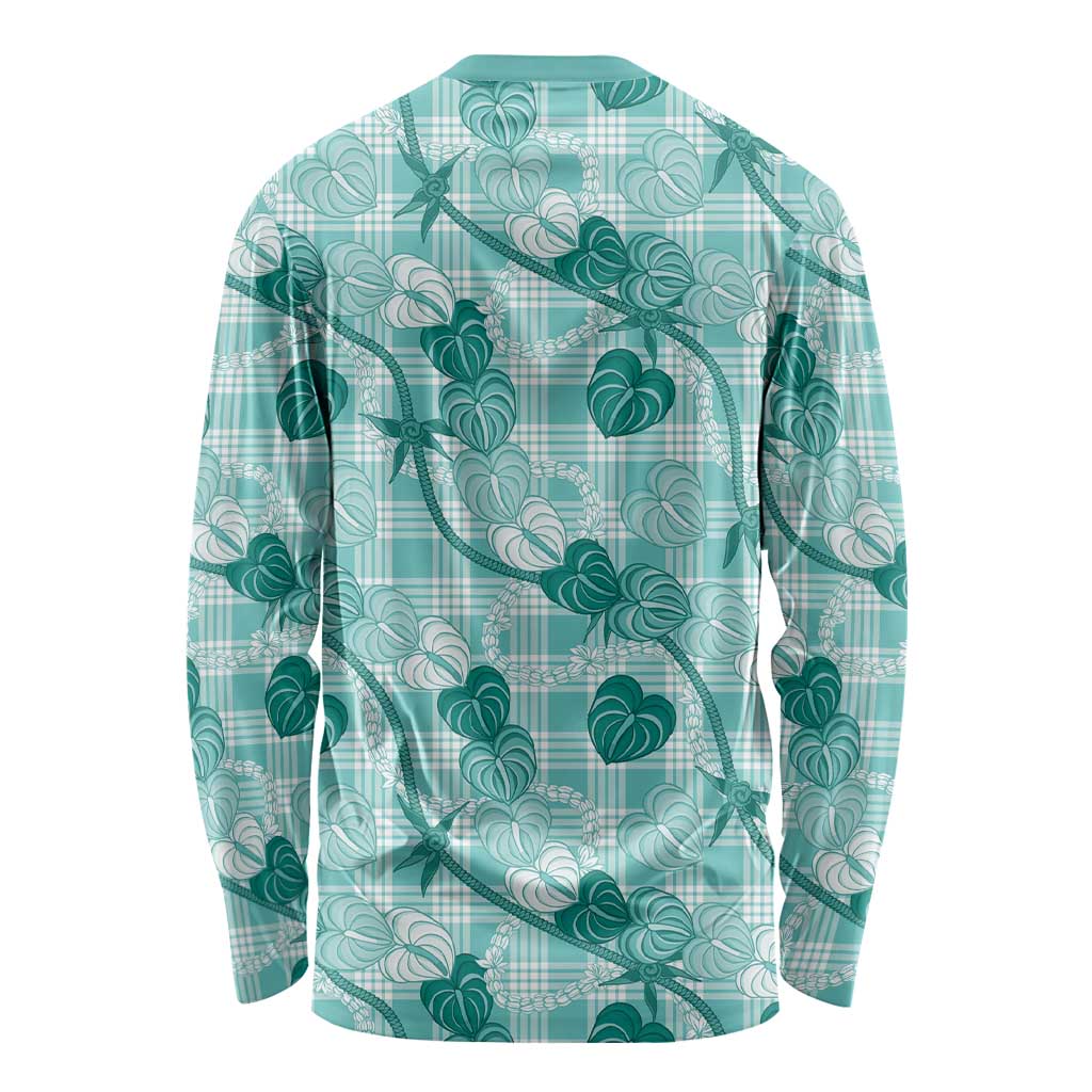 Anthurium Pikake Ti Leaf Palaka Long Sleeve Shirt Turquoise Version LT01 - Polynesian Pride