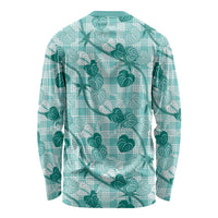 Anthurium Pikake Ti Leaf Palaka Long Sleeve Shirt Turquoise Version LT01 - Polynesian Pride
