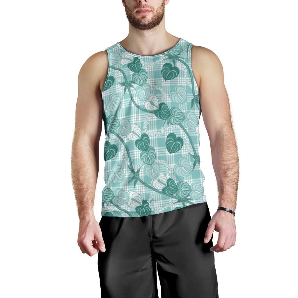 Anthurium Pikake Ti Leaf Palaka Men Tank Top Turquoise Version LT01 - Polynesian Pride
