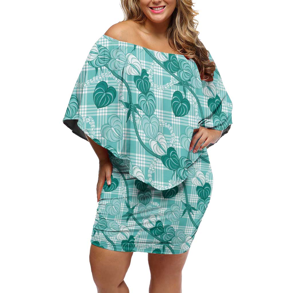 Anthurium Pikake Ti Leaf Palaka Off Shoulder Short Dress Turquoise Version LT01 Women Turquoise - Polynesian Pride